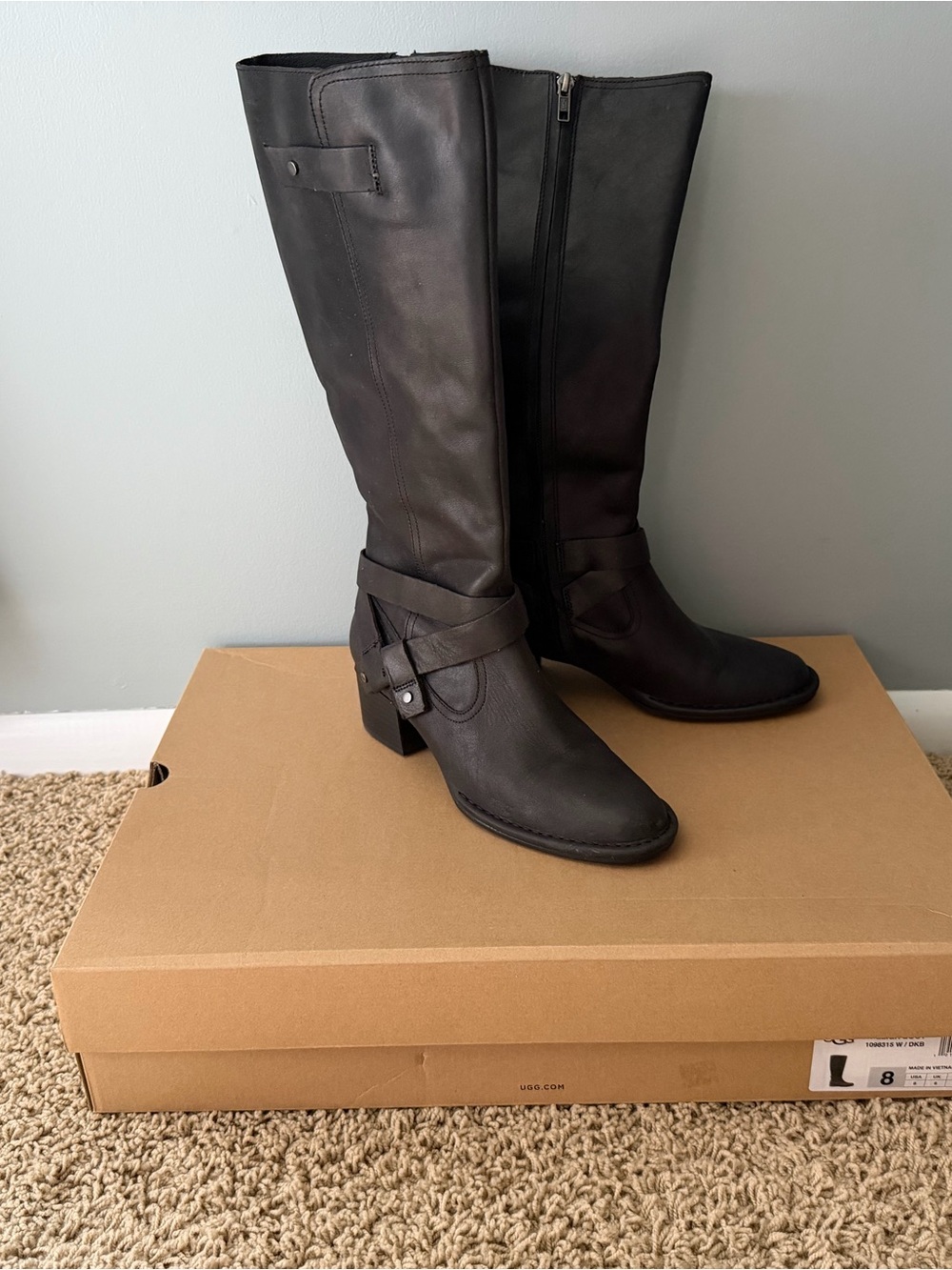 UGG Black Leather Knee-High Buckle Riding Boots